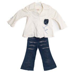 Adams Kids Girls 3 Piece Set White Button-Up Jacket, Glitter Blue Jeans & T-Shir